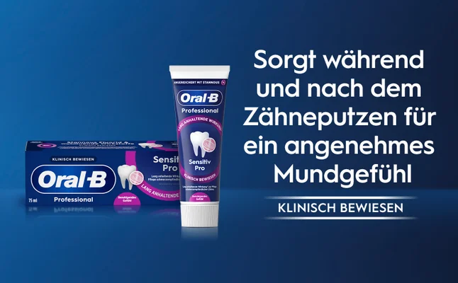 An Oral-B Professional Sensitiv Pro toothpaste tube and box are shown on a blue background with the text ANgereichert mit STANNOUS, Oral-B Professional, LANG ANHALTENDE WIRKUNG, Sensitiv Pro, KLINISCH BEWIESEN, Lang anhaltende Wirkung zur Pflege schmerzempfindlicher Zähne, Beruhigendes Gefühl, 75 ml, Sorgt während und nach dem Zähneputzen für ein angenehmes Mundgefühl, KLINISCH BEWIESEN.