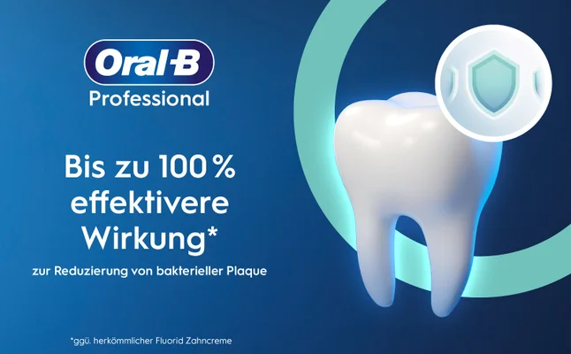 A white tooth rendering with a protective shield icon and a blue background displays the text Oral-B Professional Bis zu 100% effektivere Wirkung* zur Reduzierung von bakterieller Plaque *ggü. herkömmlicher Fluorid Zahncreme.