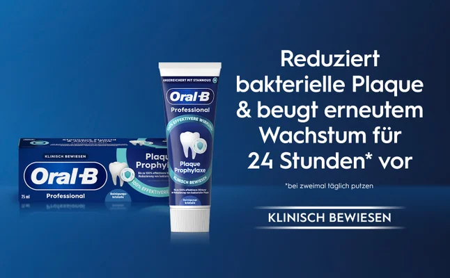 Image of an Oral-B Professional Plaque Prophylaxe toothpaste box and tube with text: Oral-B Professional 75 ml KLINISCH BEWIESEN ANgereichert MIT STANNOUS 100% EFFEKTIVE WIRKUNG Plaque Prophylaxe Bis zu 100% effektivere Wirkung* Reinigungskristalle Reduziert bakterielle Plaque & beugt erneutem Wachstum für 24 Stunden* vor *bei zweimal täglich putzen KLINISCH BEWIESEN.