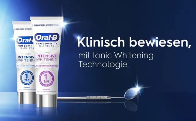 Abbildung von beiden Varianten der Intensive Whitening Zahnpasta mit dem Text Klinisch bewiesen, mit Ionic Whitening Technologie