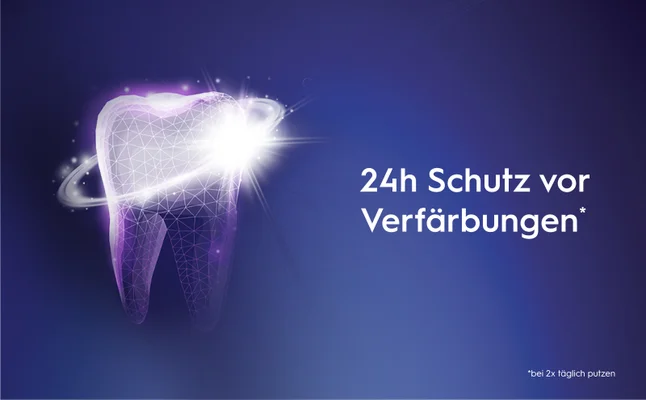 Strahlender Zahn-Icon mit dem Text "24 Stunden Schutz vor Verfärbungen"