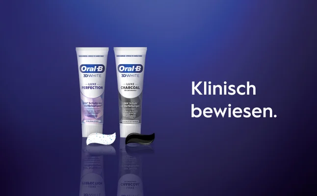Abbildung von beiden Varianten der 3D Luxe Whitening Zahnpasta mit dem Text "Klinisch bewiesen"