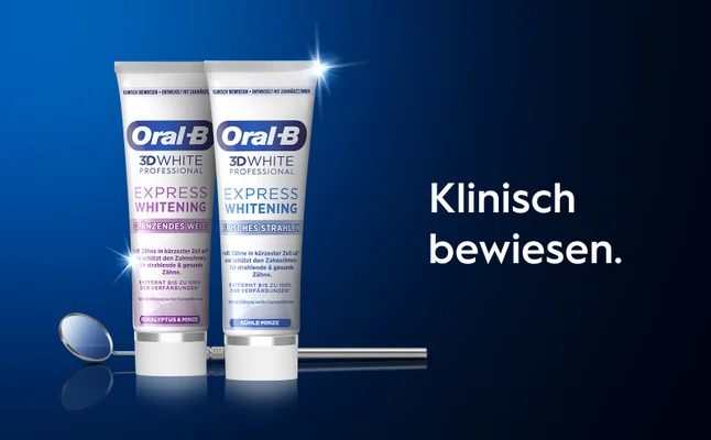 Abbildung von beiden Varianten der Express Whitening Zahnpasta mit dem Text "Klinisch bewiesen"