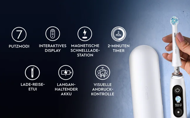 7 PUTZMODI, LADE-REISE-ETUI, INTERAKTIVES DISPLAY, MAGNETISCHE SCHNELLLADESTATION, 2-MINUTEN-TIMER, LANGANHALTENDER AKKU, VISUELLE ANDRUCKKONTROLLE