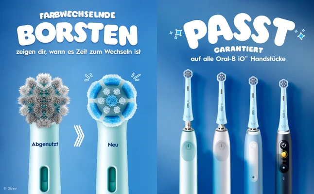 Farbwechselnde Borsten werde angezeigt, mit dem Hinweis, dass die Aufsteckbürsten auf jedes Oral-B iO Handstück passen.