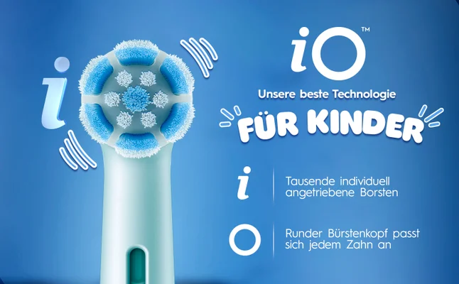 Abbildung eines runden iO Bürstenkopfes mit der Erklärung der iO Technologie.