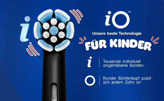 Abbildung eines runden iO Bürstenkopfes mit der Erklärung der iO Technologie.