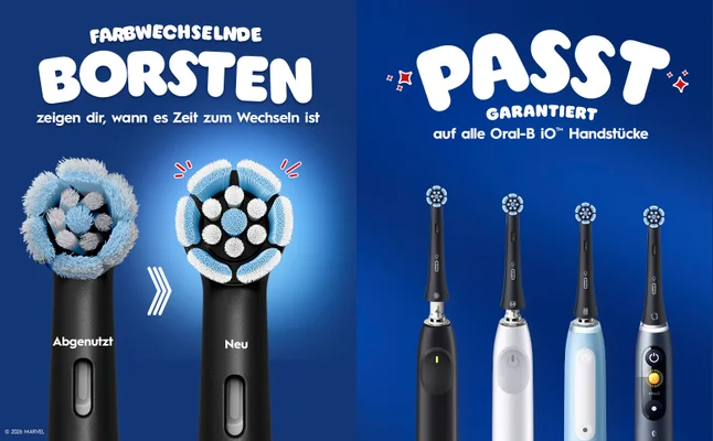 Farbwechselnde Borsten werde angezeigt, mit dem Hinweis, dass die Aufsteckbürsten auf jedes Oral-B iO Handstück passen.