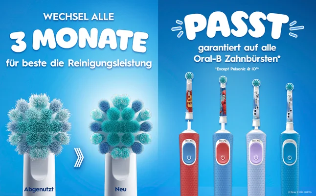 Vergleich einer abgenutzen und neuen Pro Kids Aufsteckbürste zeigt, dass diese alle 3 Monate gewechselt werden müssen, mit dem Hinweis, dass die Aufsteckbürsten mit allen Oral-B Zahnbürsten kompatibel seind *Außgeschlossen Pulsonic & iO