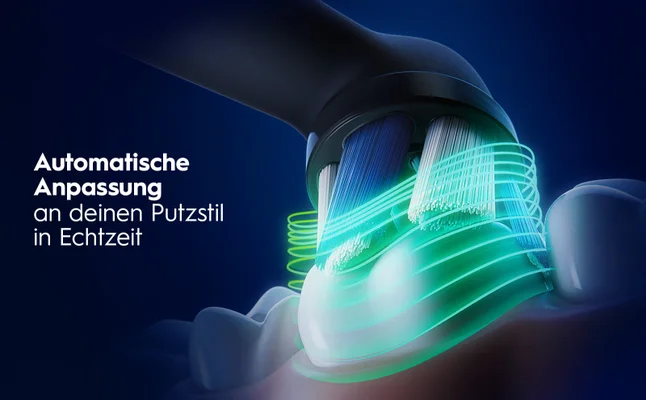 E-Zahnbürste mit grünen Leuchten. Automatische Anpassung an Putzstil