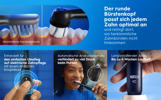 Elektrische Zahnbürste: runder Bürstenkopf, optimale Anpassuang, Druckkontrolle und langer Akku.