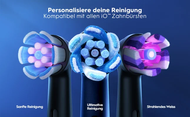 Drei verschiedene iO Bürstenköpfe für sanfte Reinigung, ultimative Reinigung und strahlendes Weiß