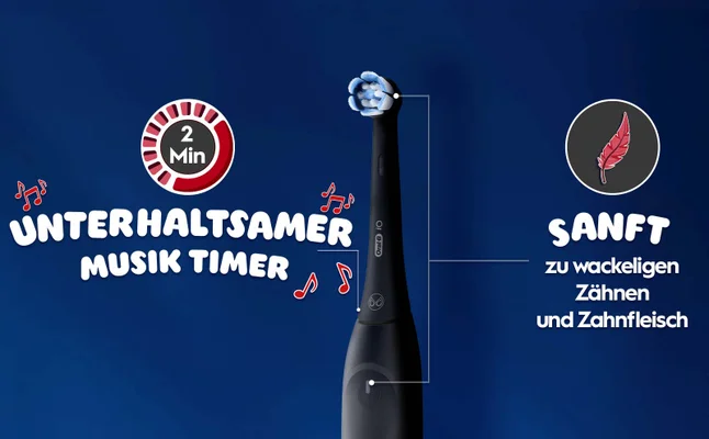 Abbildung des oberen Teils der elektrischen Zahnbürste, die die Vorteile zeigt, mit Klangsymbolen und einer Feder.