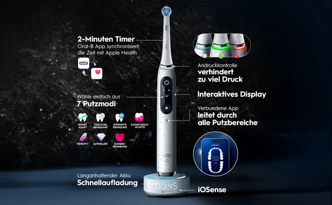 Oral-B elektrische Zahnbürste mit 7 Modi, Timer, Druckkontrolle und App-Anbindung auf Ladestation