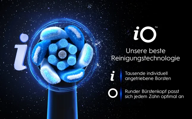 iO Zahnbürste mit blauem rundem Bürstenkopf, Technologiebeschreibung für optimale Zahnreinigung