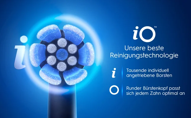 iO Zahnbürstenkopf mit runder Borstenform und blauer Beleuchtung für optimale Zahnreinigung