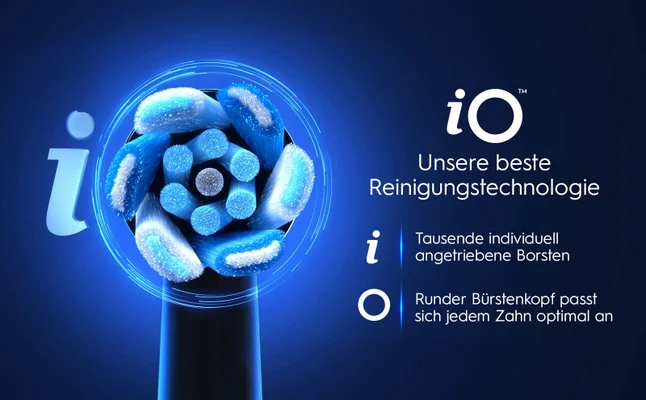 Elektrische Zahnbürste mit iO-Technologie: runder Bürstenkopf mit blauen Borsten