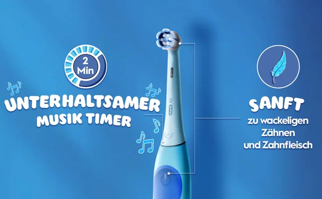Abbildung des oberen Teils der elektrischen Zahnbürste, die die Vorteile zeigt, mit Klangsymbolen und einer Feder.