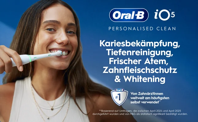 Oral-B iO5 Zahnbürste mit mehreren Zahnpflegefunktionen für personalisierte Reinigung.