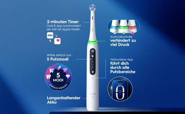 Elektrische Zahnbürste in Rosa mit 5 Putzmodi, 2-Minuten-Timer und App-Synchronisation.