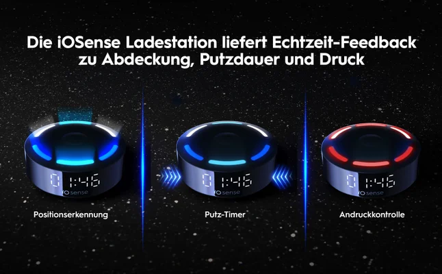 iOSense Ladestation mit drei Modi: Positionserkennung, Putz-Timer und Andruckkontrolle.