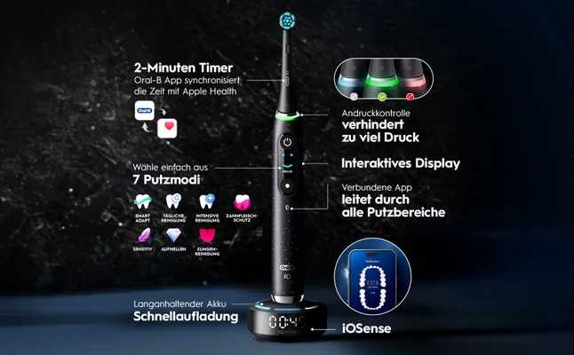 Oral-B elektrische Zahnbürste mit 7 Modi, Timer, Druckkontrolle und App-Anbindung auf Ladestation.