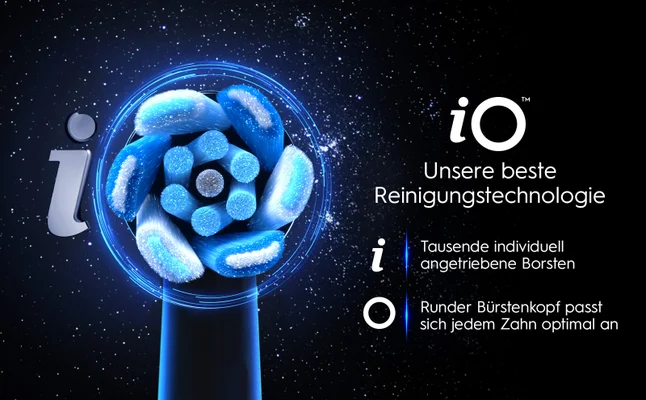 iO Zahnbürste mit blauem rundem Bürstenkopf, Technologiebeschreibung für optimale Zahnreinigung.