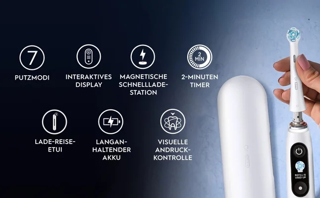 Oral-B iO 9 elektrische Zahnbürste Funktionen: Putzmodi, Display, Ladegerät, Timer, Akku und Zahnfleischsensor.