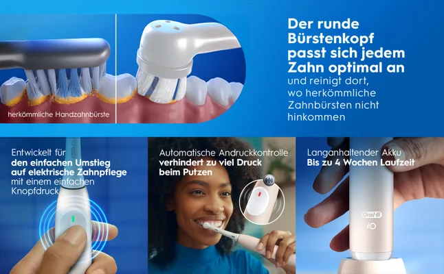 Elektrische Zahnbürste: runder Bürstenkopf, optimale Anpassung, Druckkontrolle und langer Akku.