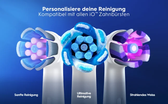 Drei verschiedene iO Bürstenköpfe für sanfte Reinigung, ultimative Reinigung und strahlendes Weiß
