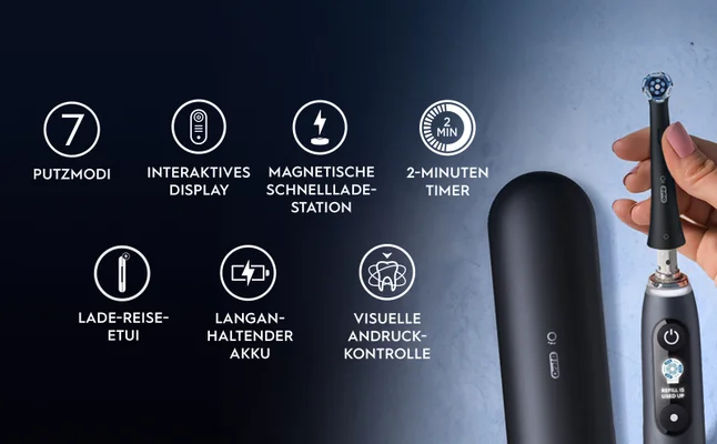 Oral-B iO 9 elektrische Zahnbürste Funktionen: Putzmodi, Display, Ladegerät, Timer, Akku und Zahnfleischsensor.