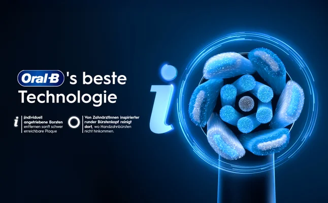 Oral-B iO Bürstenkopf Nahaufnahme. Einzeln betriebene Borsten entfernen sanft schwer erreichbaren Plaque.