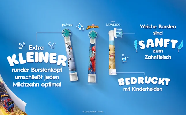 3 Kids Aufsteckbürsten mit hervorgehobenen Vorteilen. Olaf ist in der Ecke zu sehen.