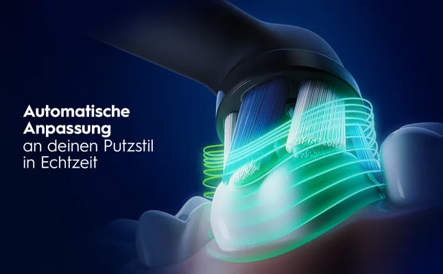E-Zahnbürste mit grünen Leuchten. Automatische Anpassung an Putzstil