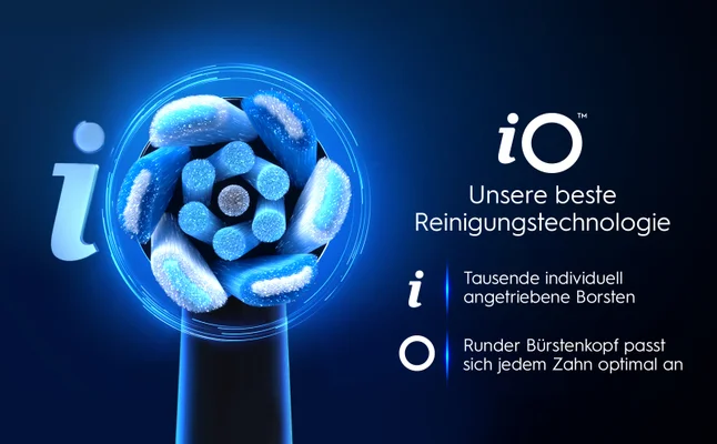 Elektrische Zahnbürste mit iO-Technologie: runder Bürstenkopf mit individuell angetriebenen Borsten