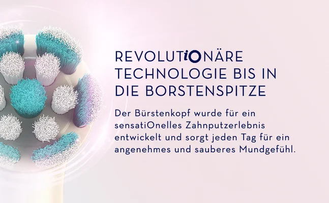 Close-up of white and teal electric toothbrush head bristles with the text REVOLUTIONÄRE TECHNOLOGIE BIS IN DIE BORSTENSPITZE Der Bürstenkopf wurde für ein sensatiOnelles Zahnputzerlebnis entwickelt und sorgt jeden Tag für ein angenehmes und sauberes Mundgefühl.