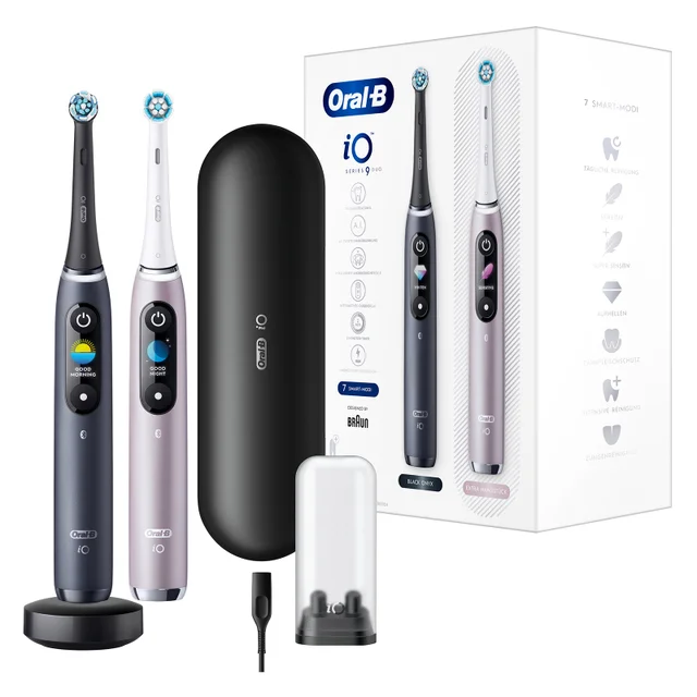Oral-B iO 9 Duo Elektrische Zahnbürsten, Lade-Reiseetui, black onyx/rose quartz