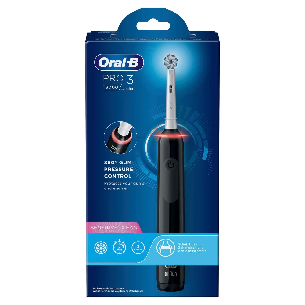 Oral-B PRO 3 3000 elektrische Zahnbürste mit 360° Andruckkontrolle auf Verpackung.