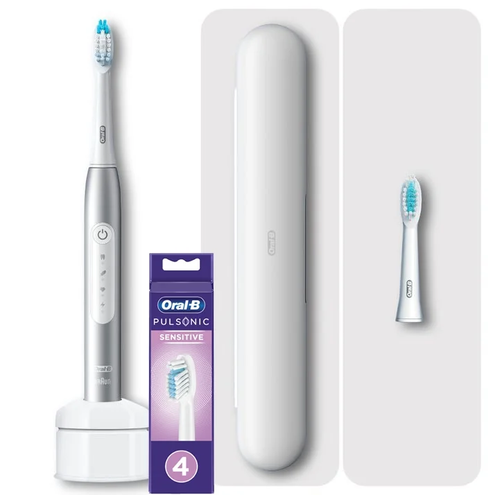 Oral-B Pulsonic Slim Luxe 4500 platin + Pulsonic Sensitive Aufsteckbürsten weiß, 4 Stück Bild 1