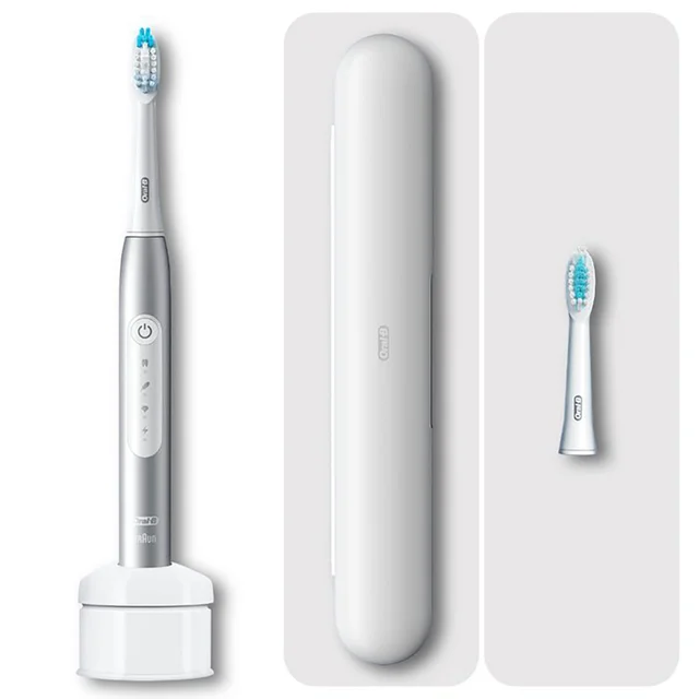 Oral-B elektrische Zahnbürste mit Ladebasis, Reiseetui und Ersatzbürstenkopf.