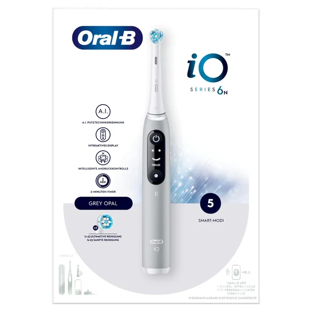 Oral-B iO Series 6N elektrische Zahnbürste in Grey Opal mit A.I. Putztechnikerkennung.