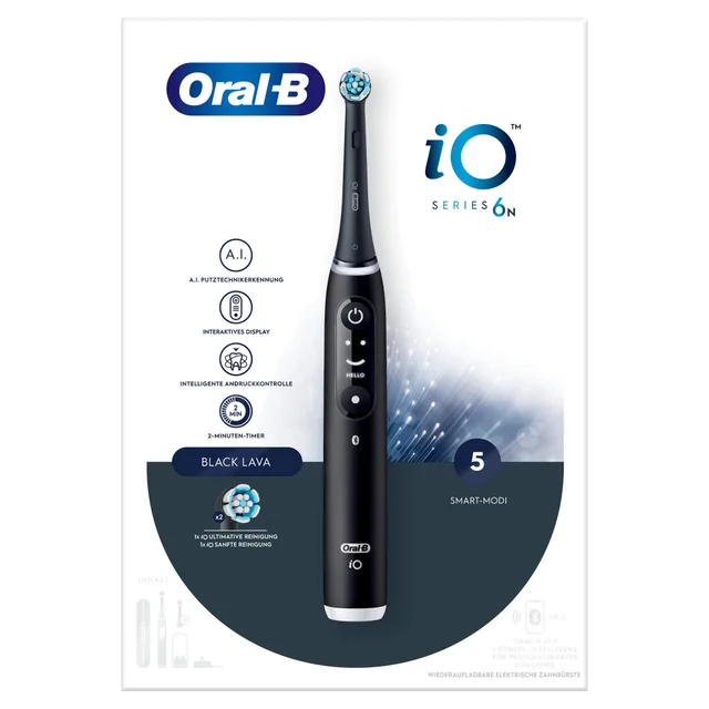 Oral-B iO Series 6N elektrische Zahnbürste in Black Lava mit interaktivem Display.