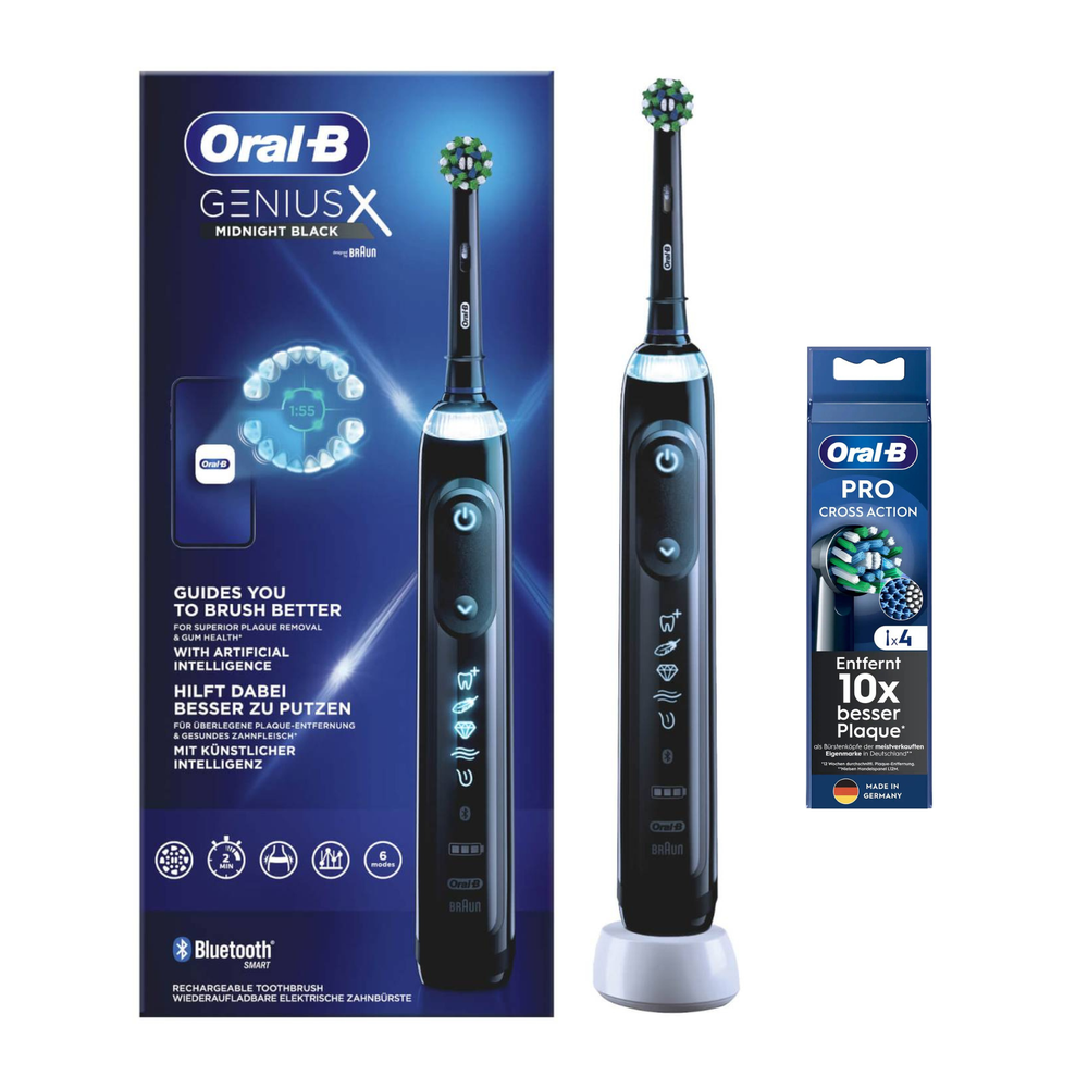 Oral-B GeniusX Midnight Black Zahnbürste in Verpackung, mit KI-Putzanleitung.