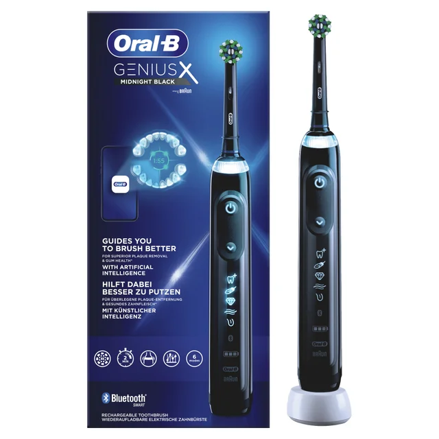 Oral-B Genius X Midnight Black Zahnbürste mit KI-Putzanleitung auf der Verpackung.