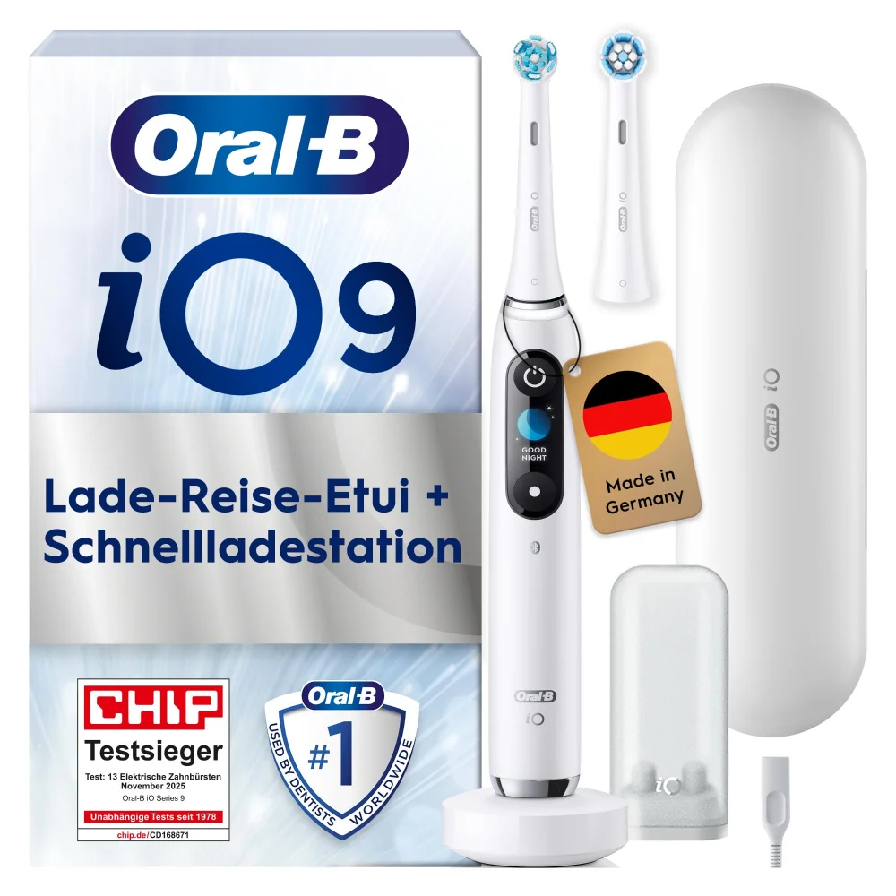 Oral-B iO9 Zahnbürste mit Lade-Reise-Etui und Schnellladestation.