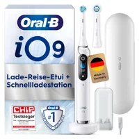Oral-B iO9 Zahnbürste mit Lade-Reise-Etui und Schnellladestation.