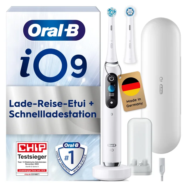 Oral-B iO9 Zahnbürste mit Lade-Reise-Etui und Schnellladestation.