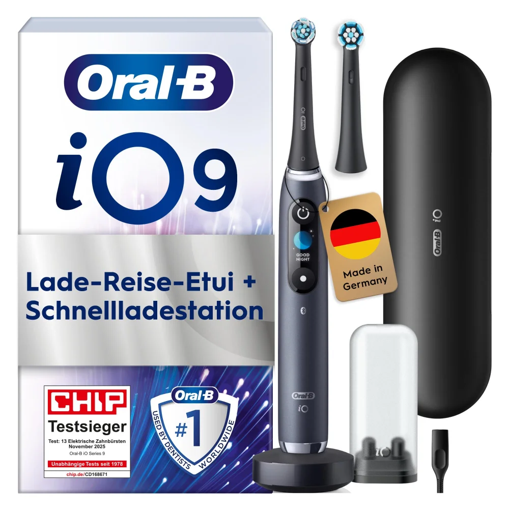 Oral-B iO9 Zahnbürste mit Lade-Reise-Etui, Schnellladestation, Made in Germany.