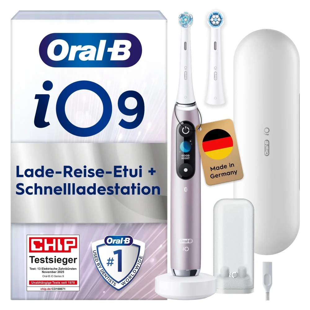 Oral-B iO9 Zahnbürste mit Lade-Reise-Etui und Schnellladestation.