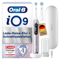 Oral-B iO9 Zahnbürste mit Lade-Reise-Etui und Schnellladestation.